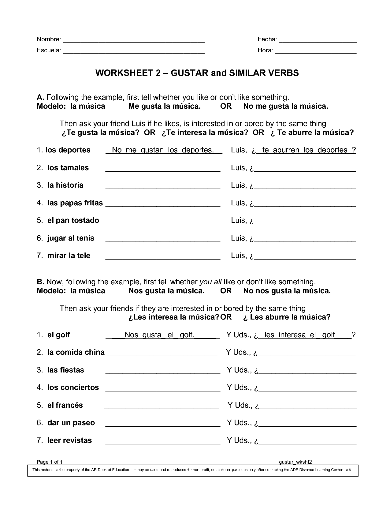 Gustar Conjugation Present Tense Worksheet