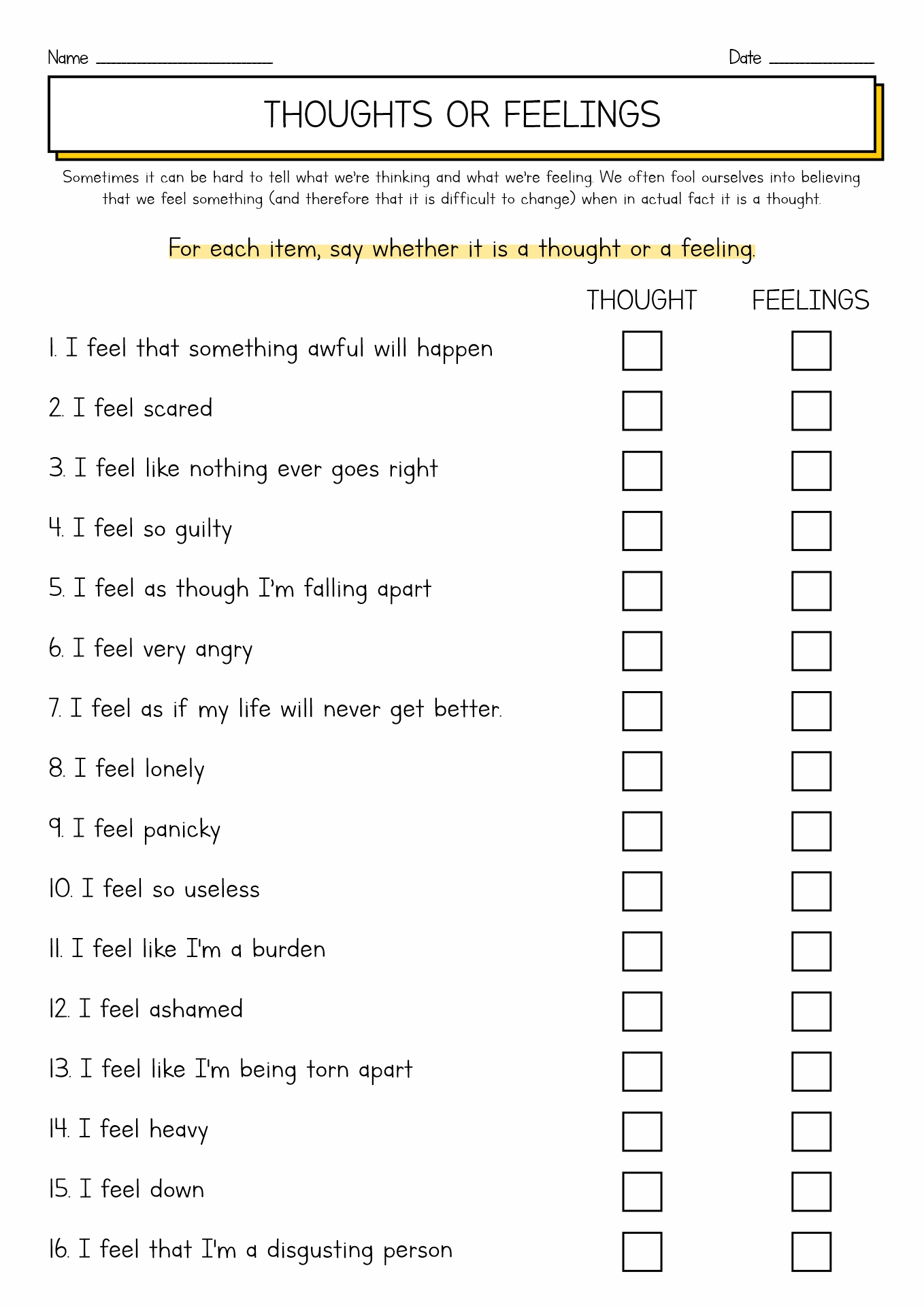 Thoughts and Feelings Worksheets