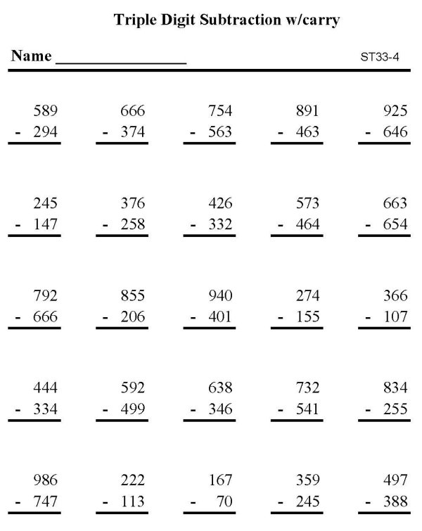 Triple-Digit Subtraction Worksheets Image