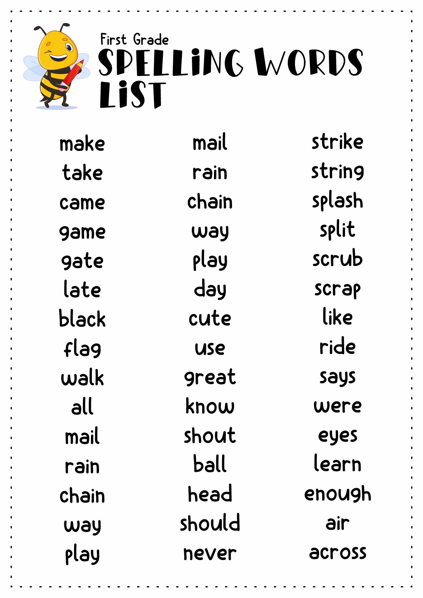1 Grade Spelling Words List