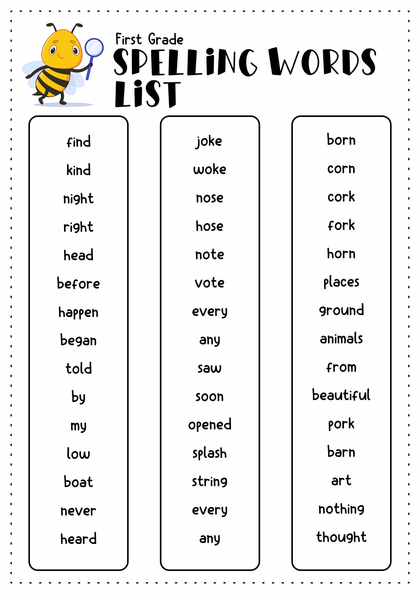 1st Grade Spelling Word List