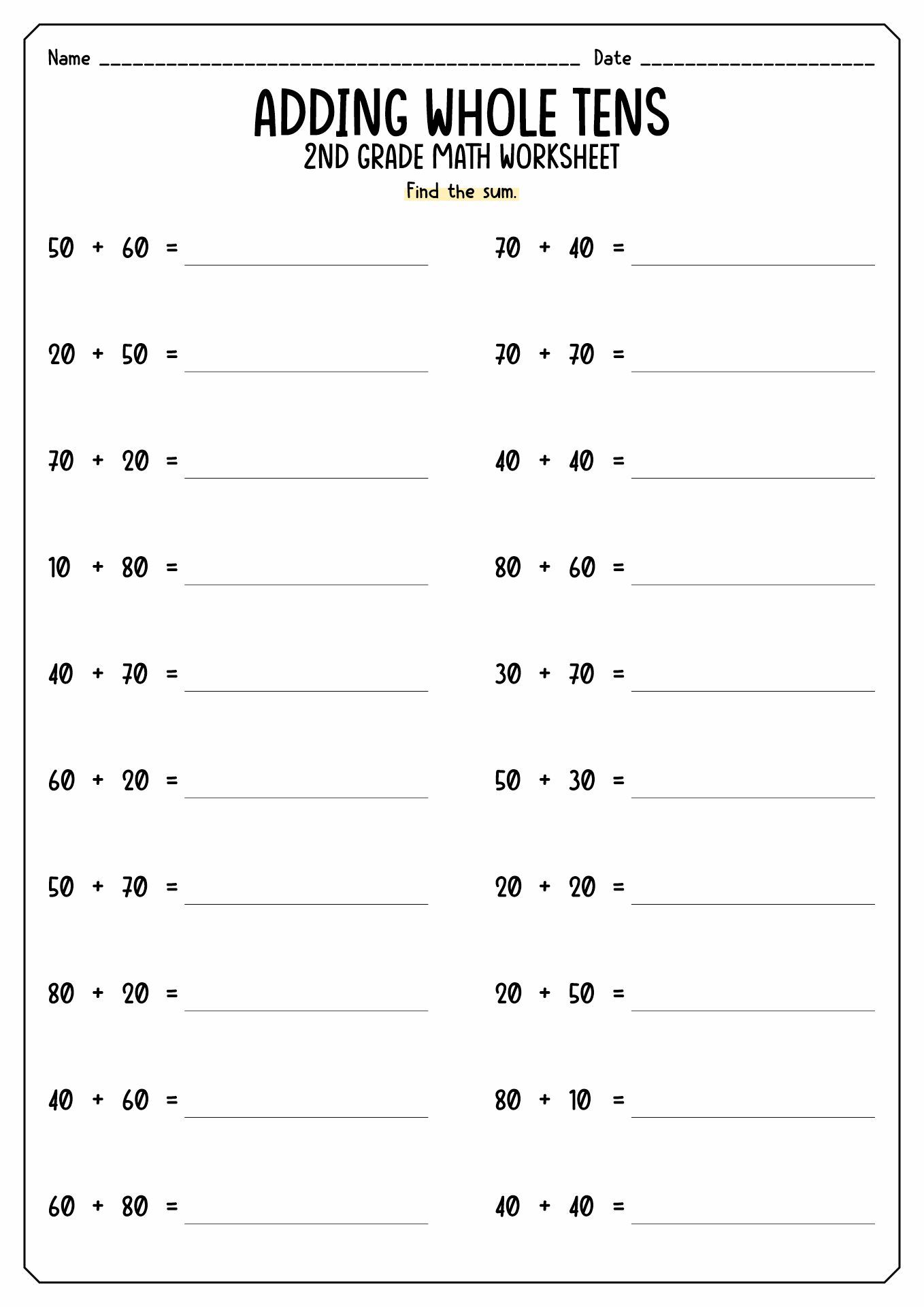 2nd Grade Math Worksheets PDF Image