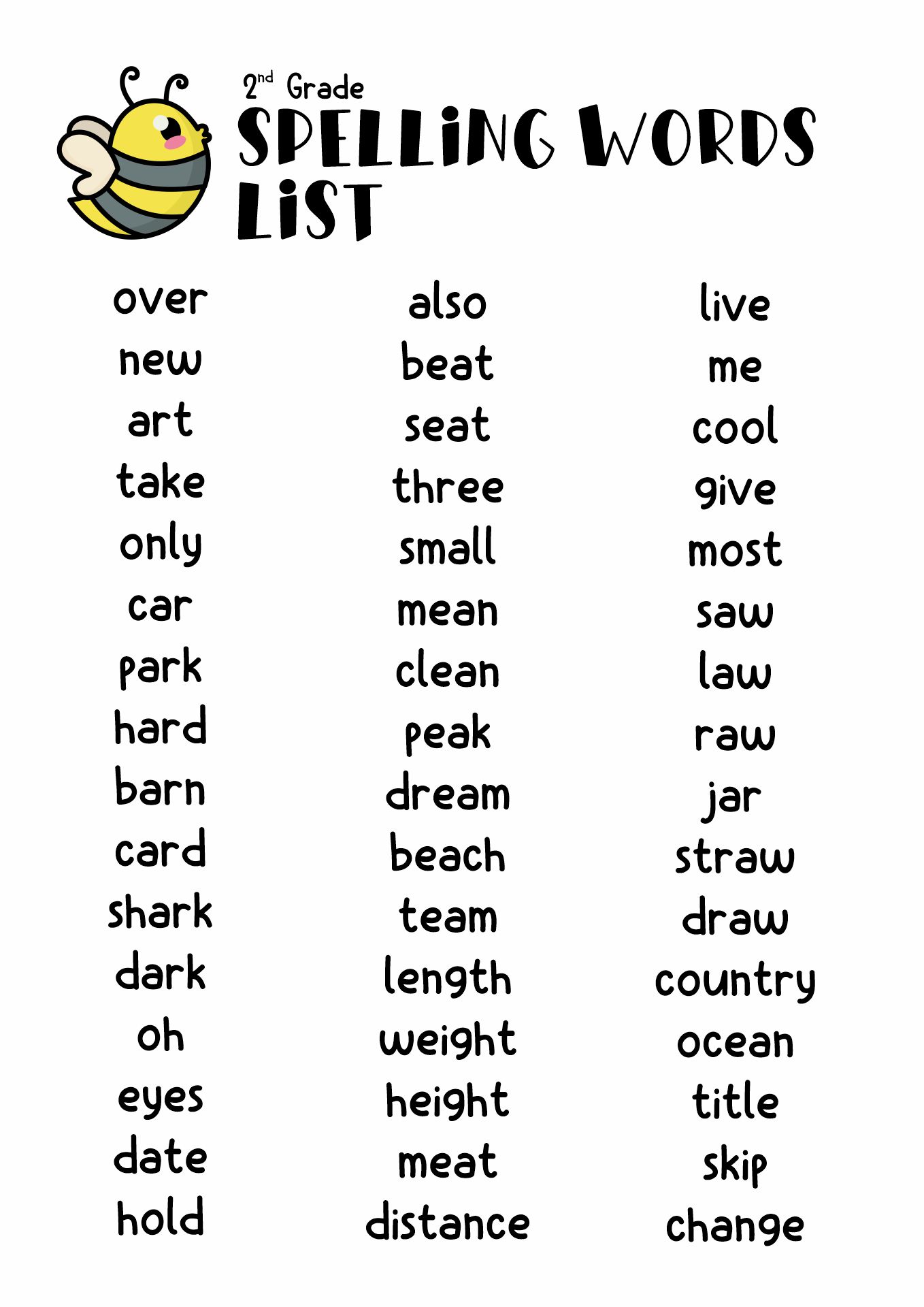 2nd Grade Spelling Words