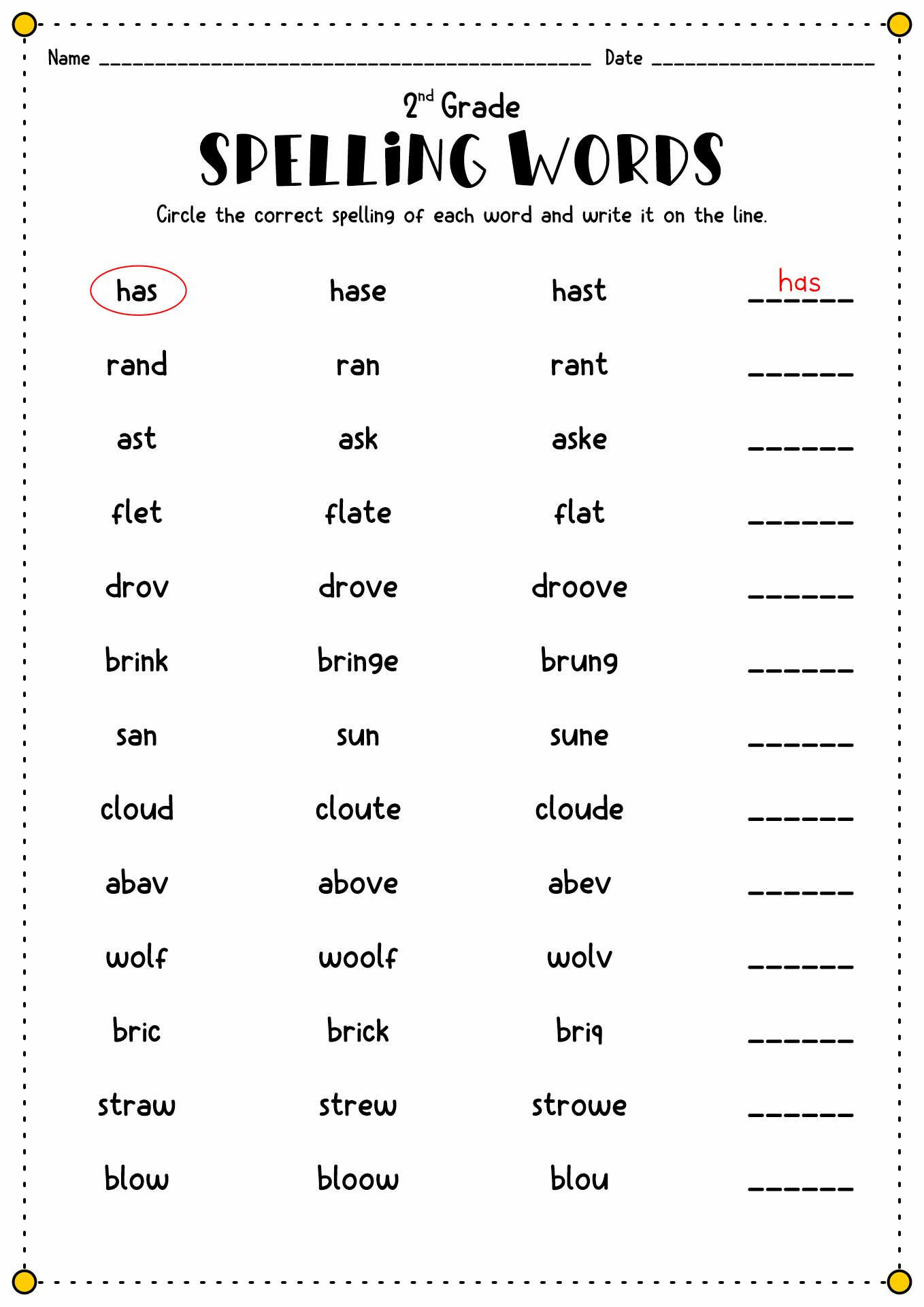 2nd Grade Spelling Worksheets