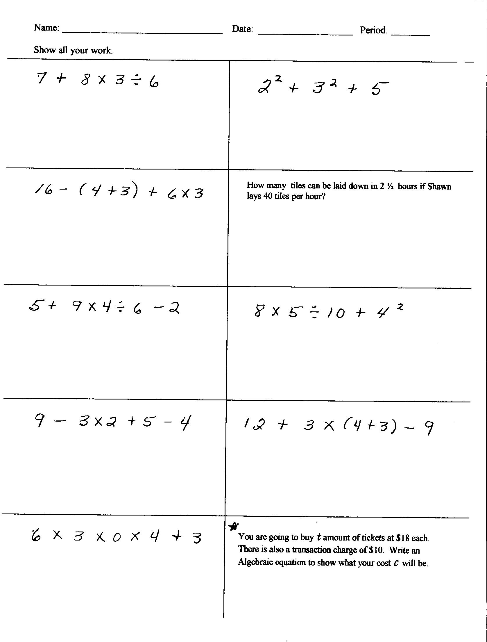 6th grade math worksheets answers