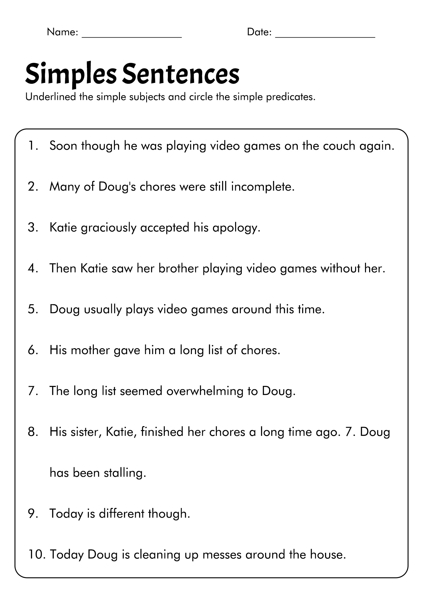 7th Grade Sentences Worksheets