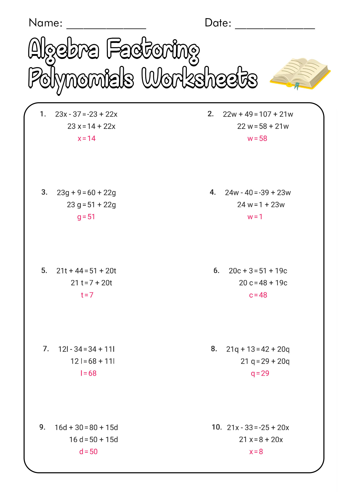 Algebra 1 Factoring Polynomials Worksheet with Answers