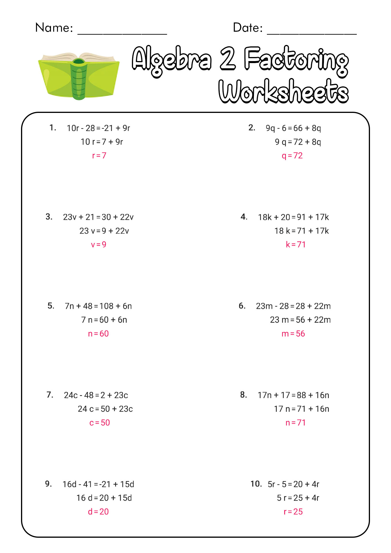 Algebra 2 Factoring Review Worksheet Answers