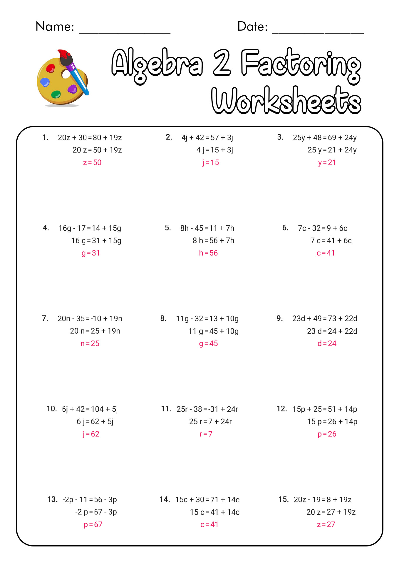 Algebra 2 Factoring Worksheets with Answers