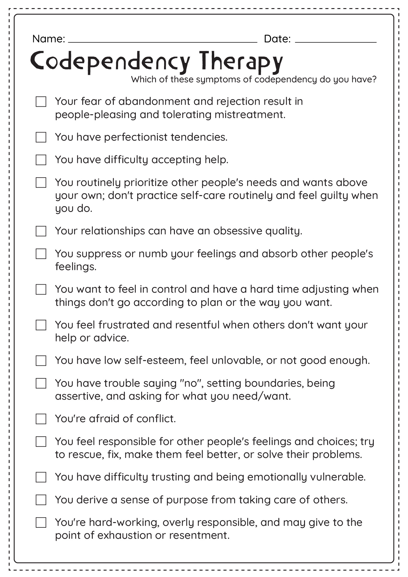 Codependency Therapy Worksheets