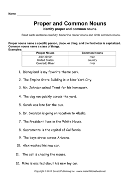 Common and Proper Nouns Worksheets Image
