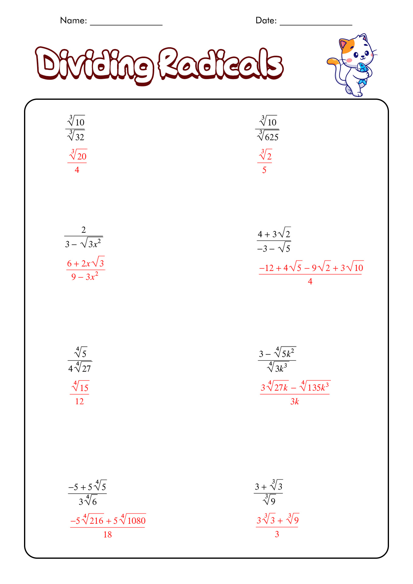 Dividing Radicals Kuta Software Infinite Algebra 2 Answers Image