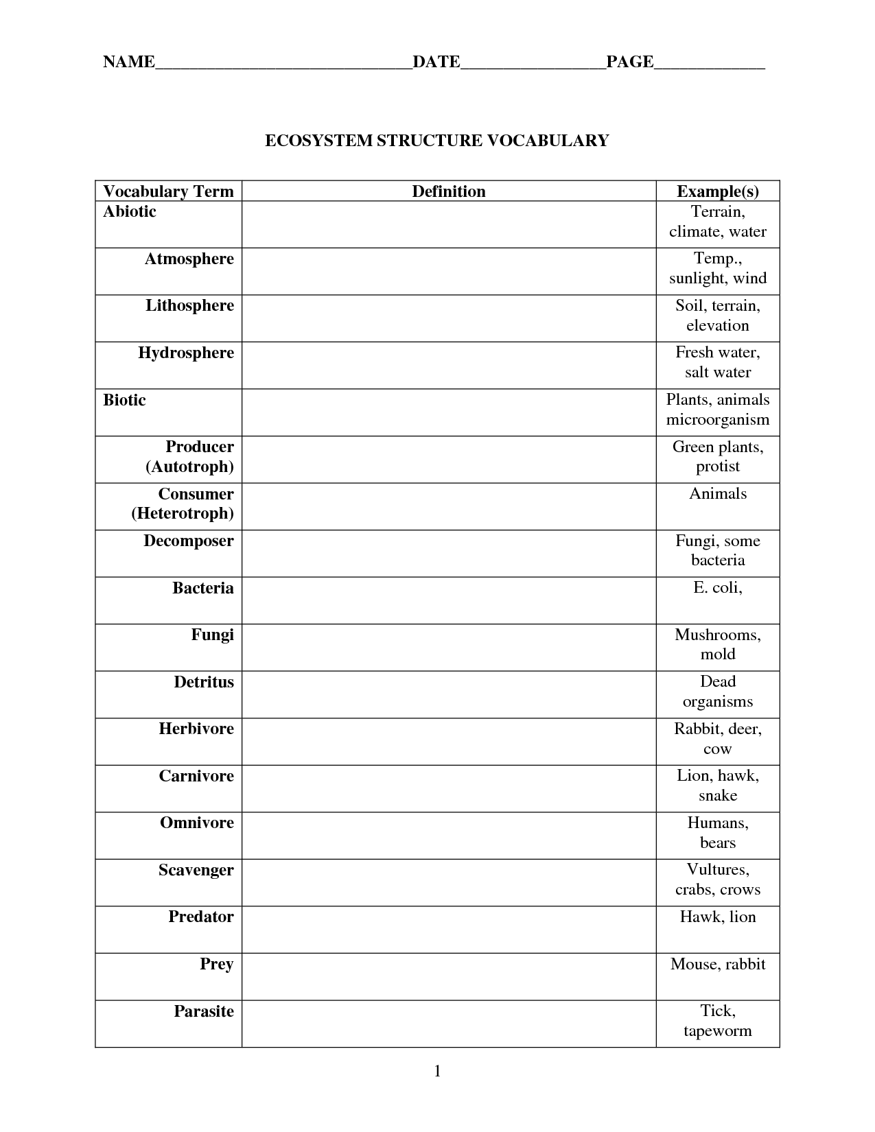 Ecosystem Vocabulary Worksheets Image