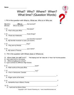 ESL Question Words Worksheet Image
