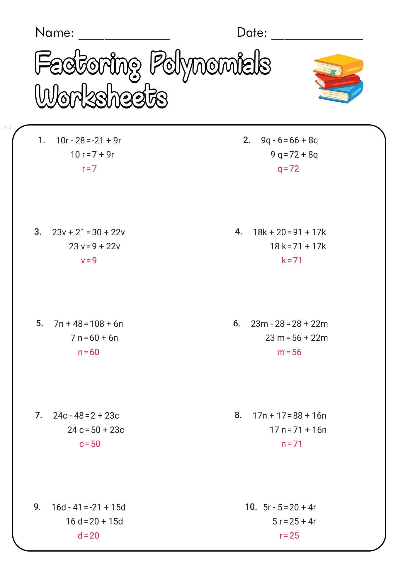 Factoring Polynomials Worksheet with Answers
