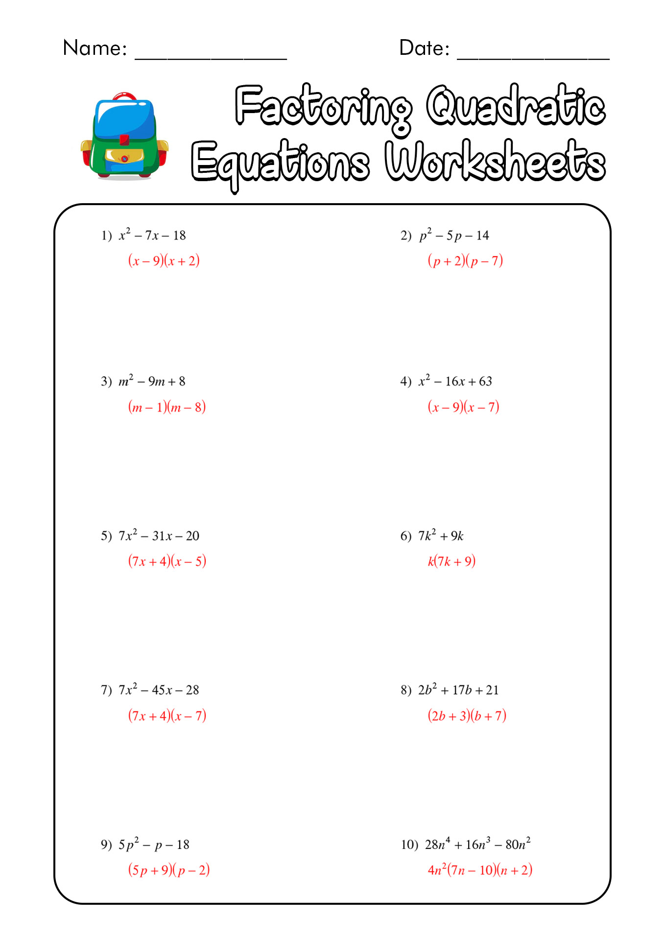 Factoring Quadratic Equations Worksheet Answers