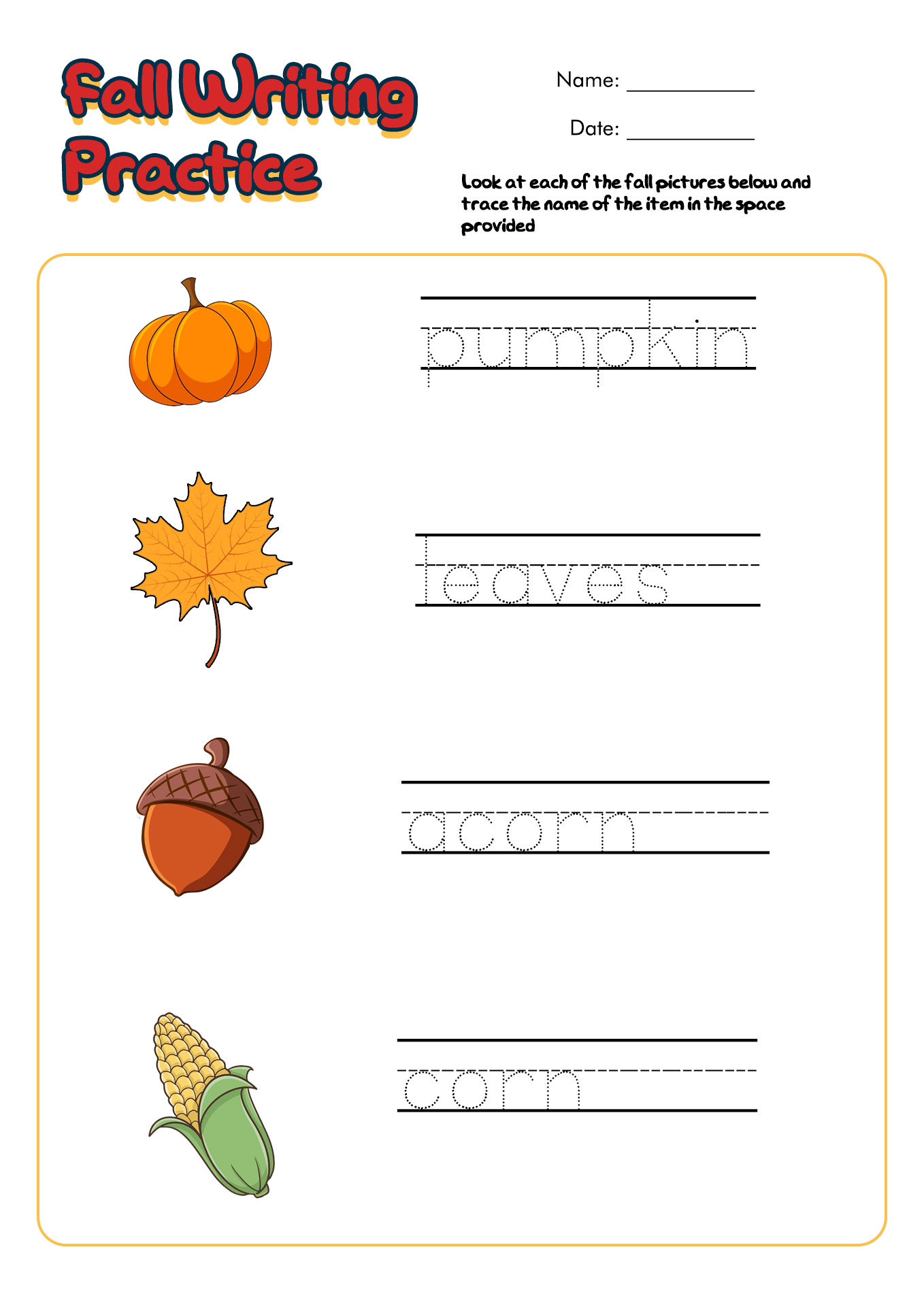 Fall Writing Worksheets for Kindergarten Image