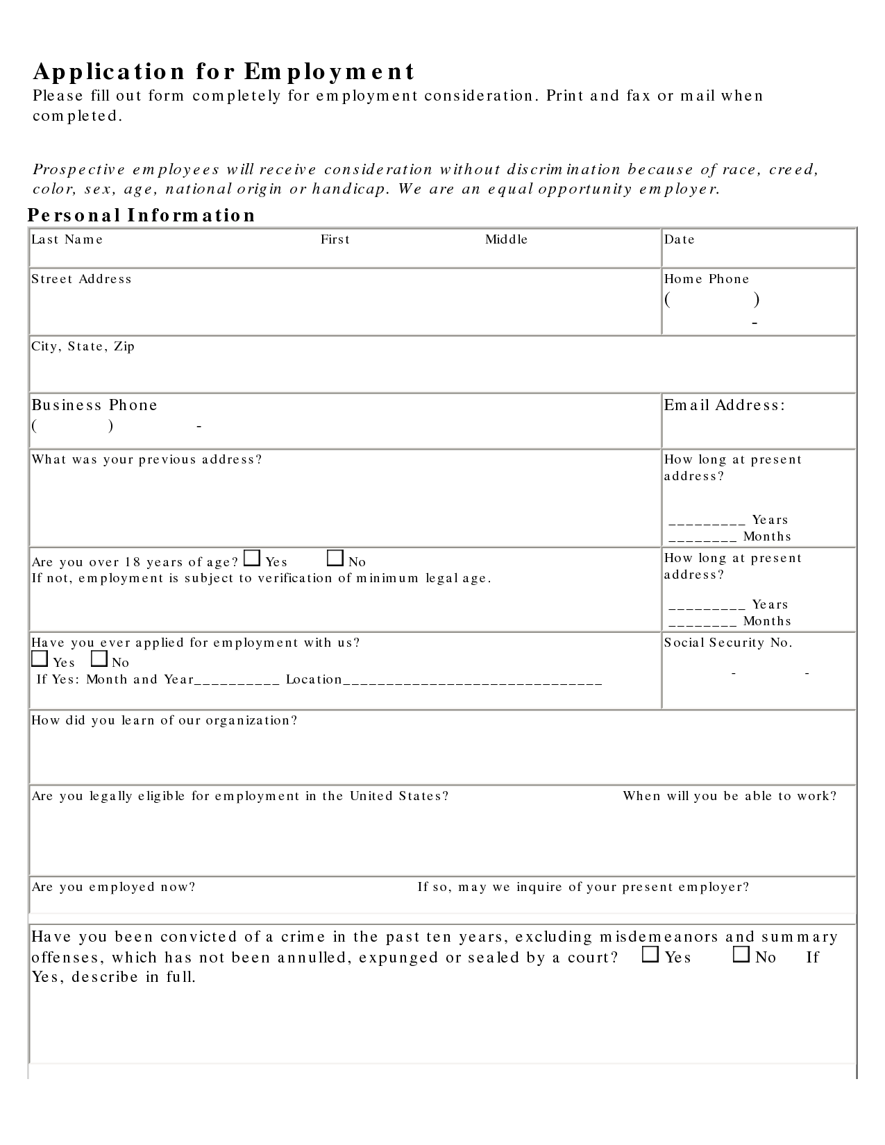 Free Printable Job Application Form Image