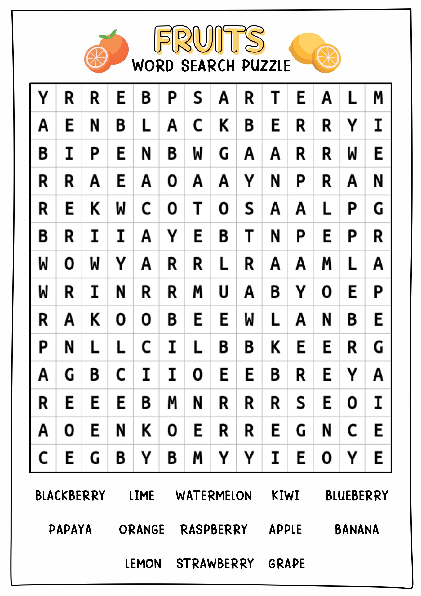 Fruit and Vegetables Word Search Printable