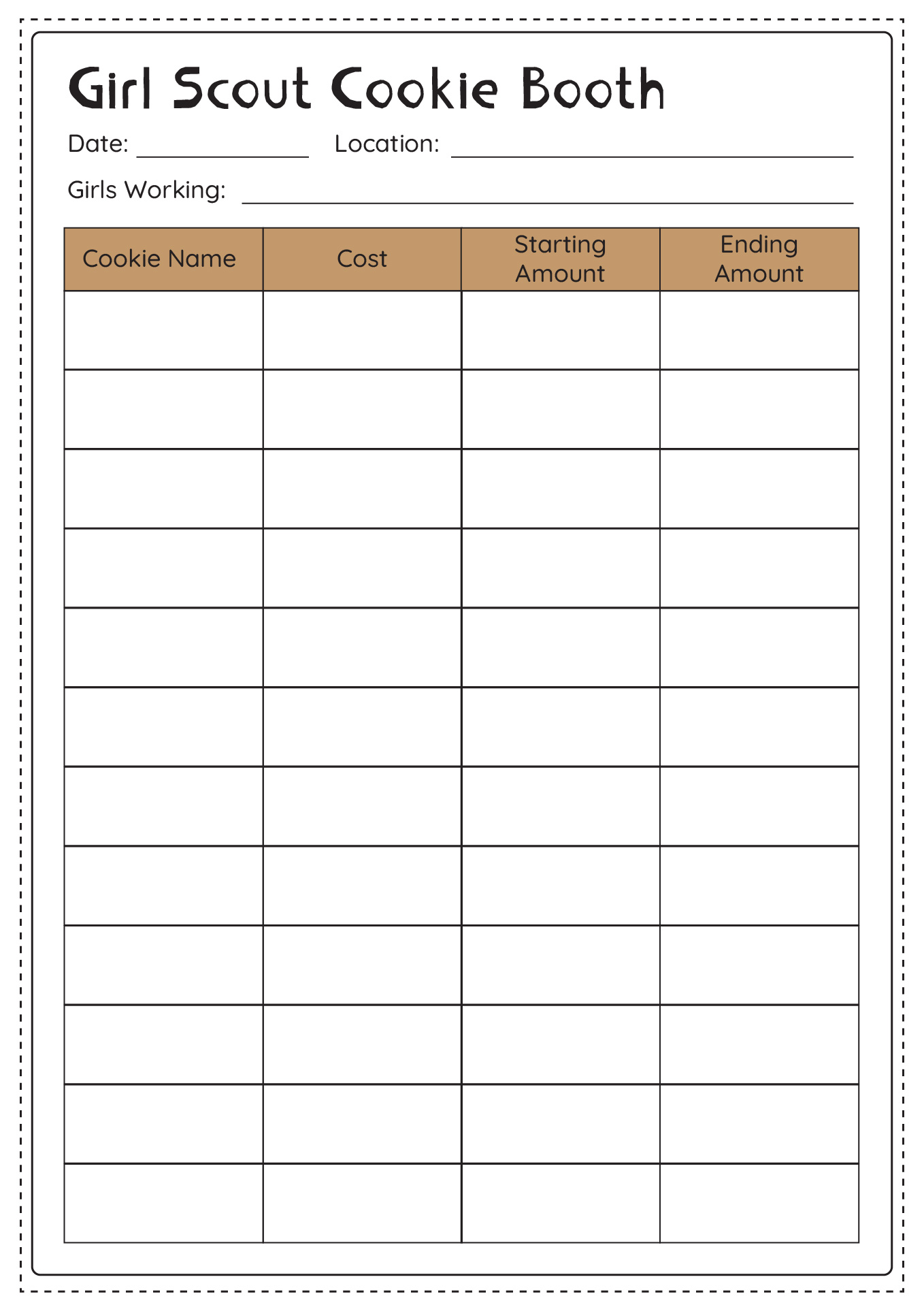 Girl Scout Cookie Booth Tally Sheet
