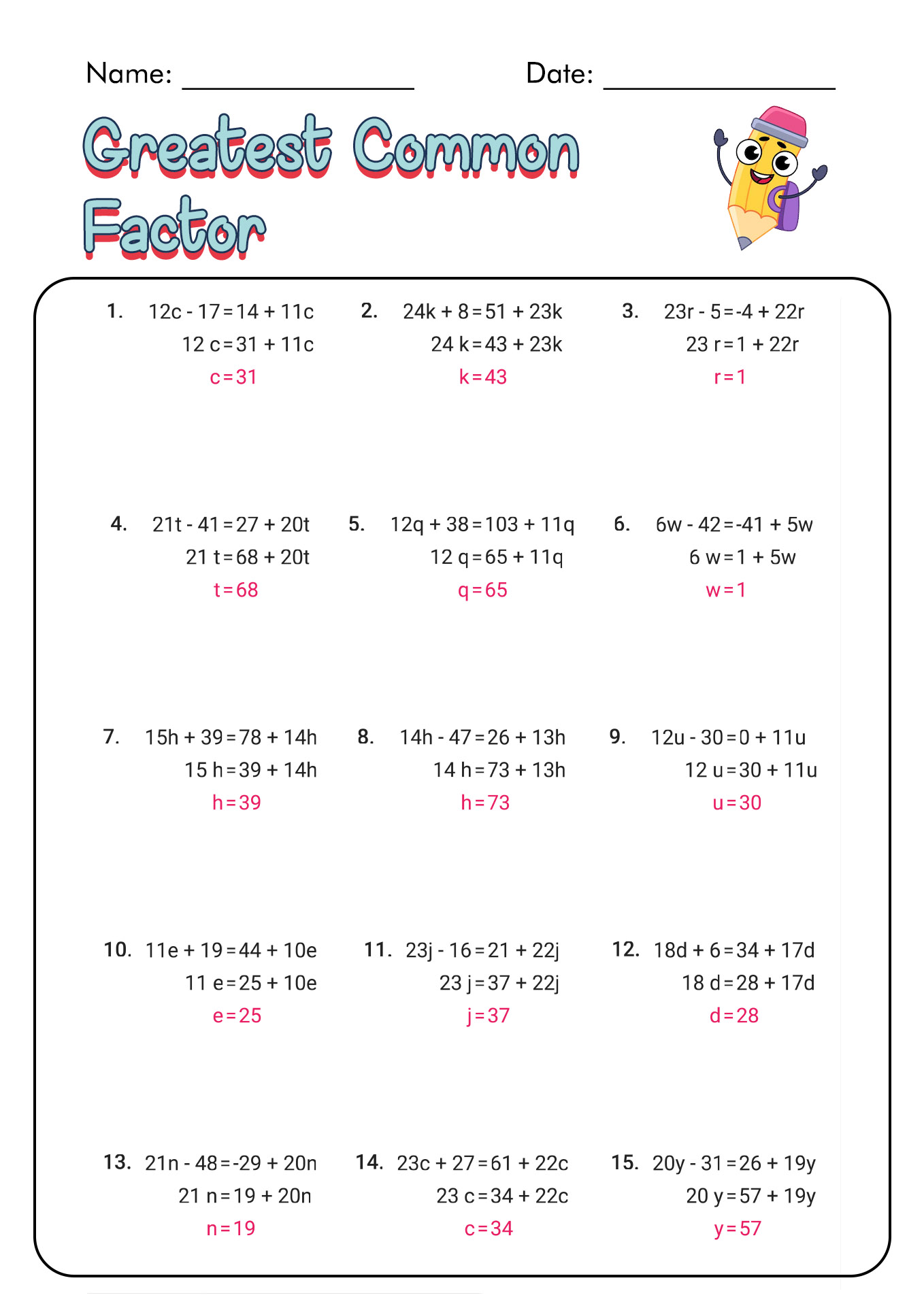 Greatest Common Factor Worksheet Answers