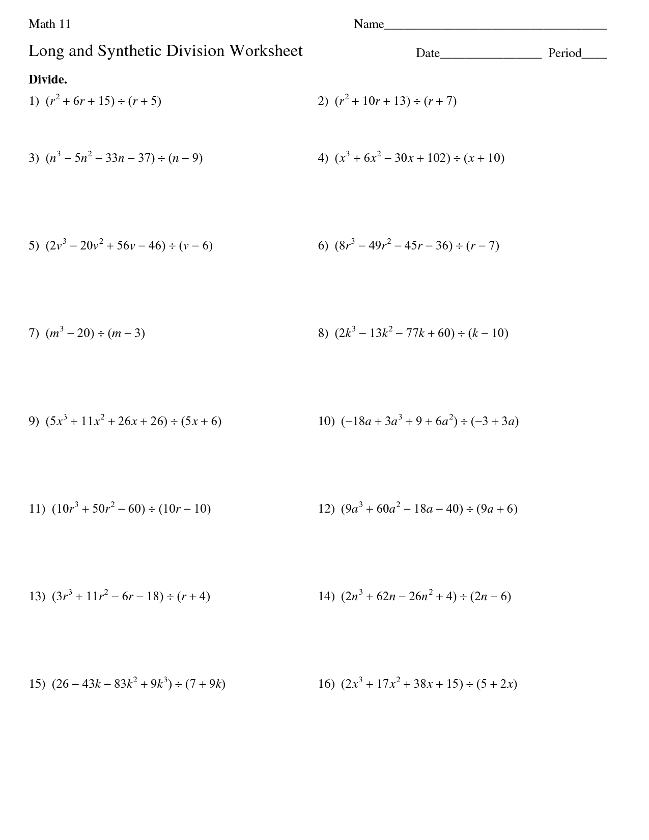 High School Math Worksheets Printable