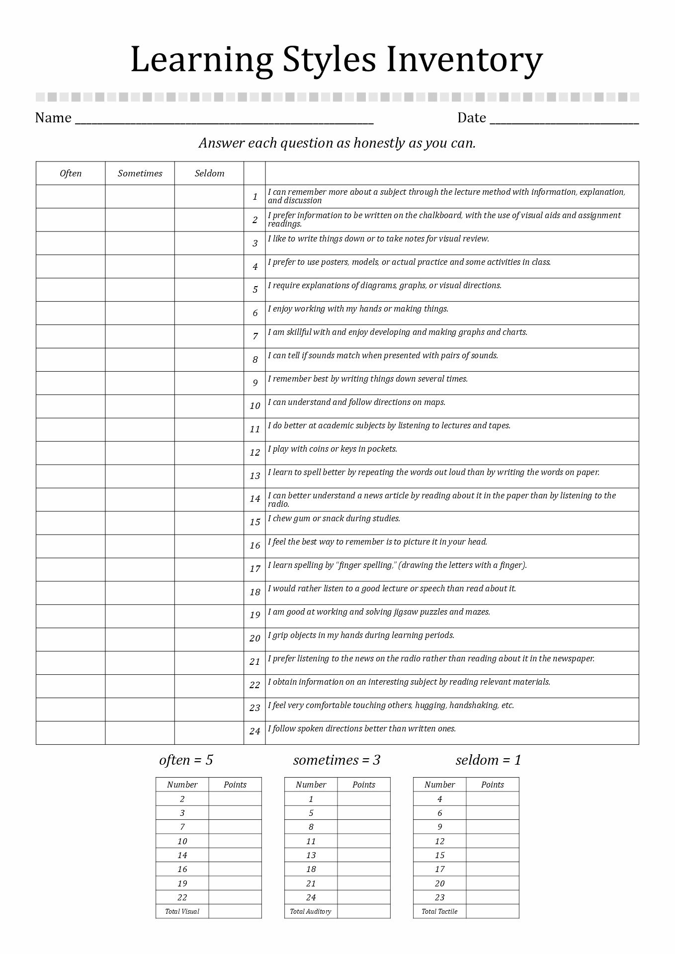 Learning Styles Test Printable Free