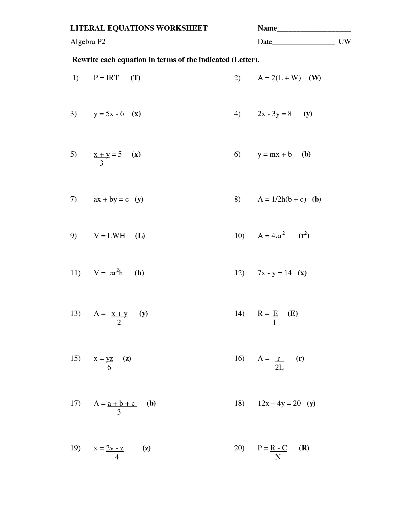 Literal Equations Algebra Worksheets