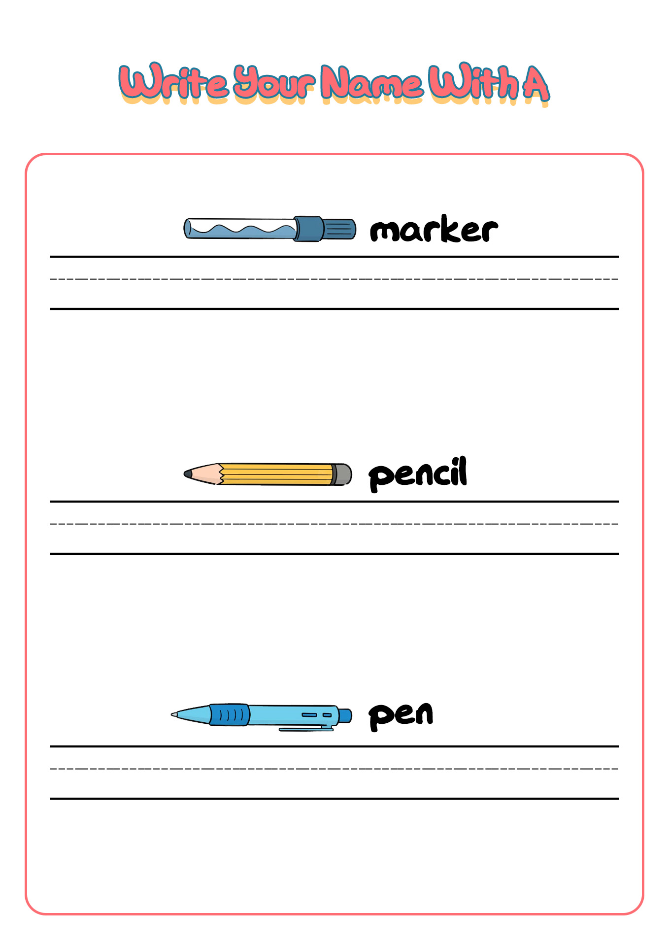 Marker Pen Pencil Writing Name Worksheet Image