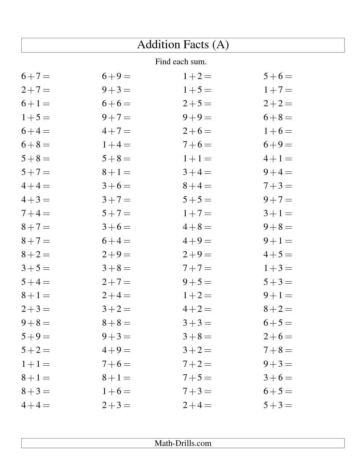 Math Addition Worksheets 100 Problems Image