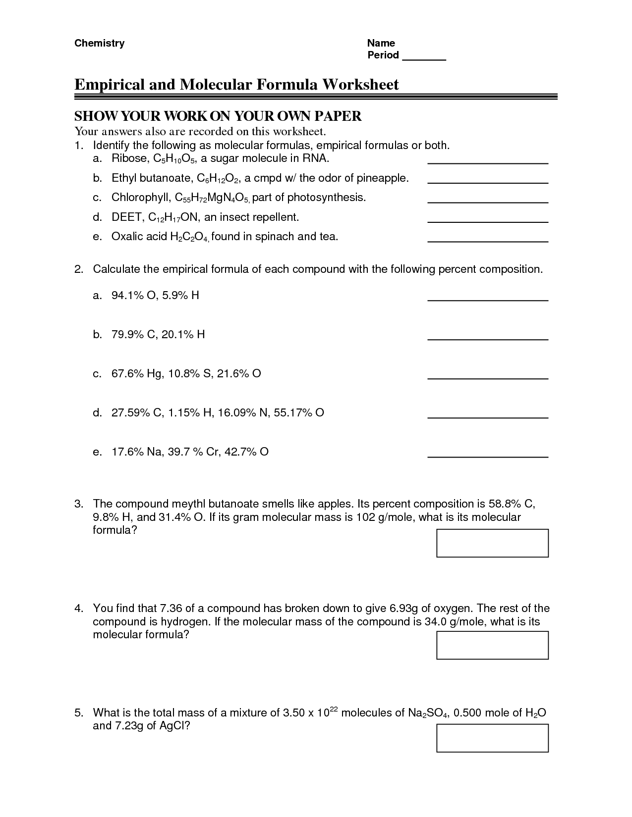 Empirical And Molecular Formula Worksheet Answers With Work