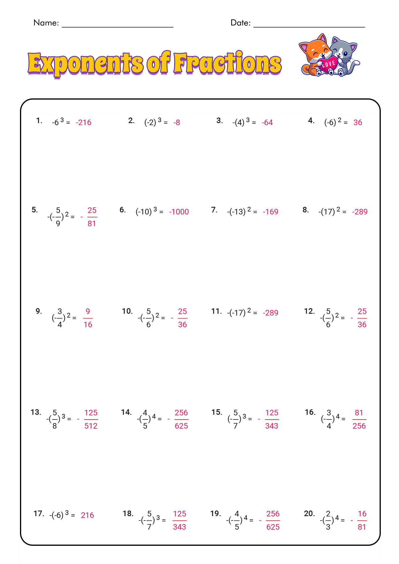 Negative Exponents Worksheet with Answers Image