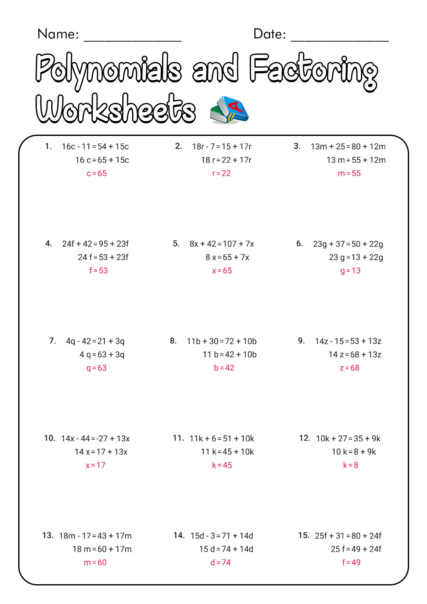 Polynomials and Factoring Practice Worksheet Answers