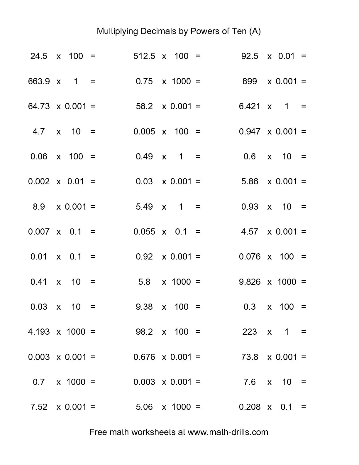 Powers of 10 Math Worksheets Image