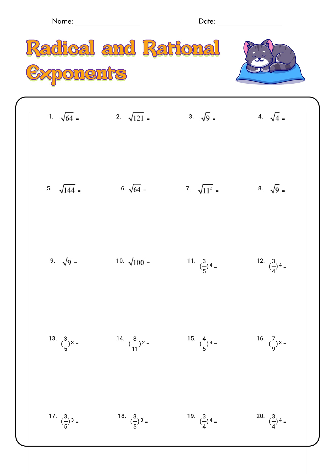 Radical and Rational Exponents Worksheets Image