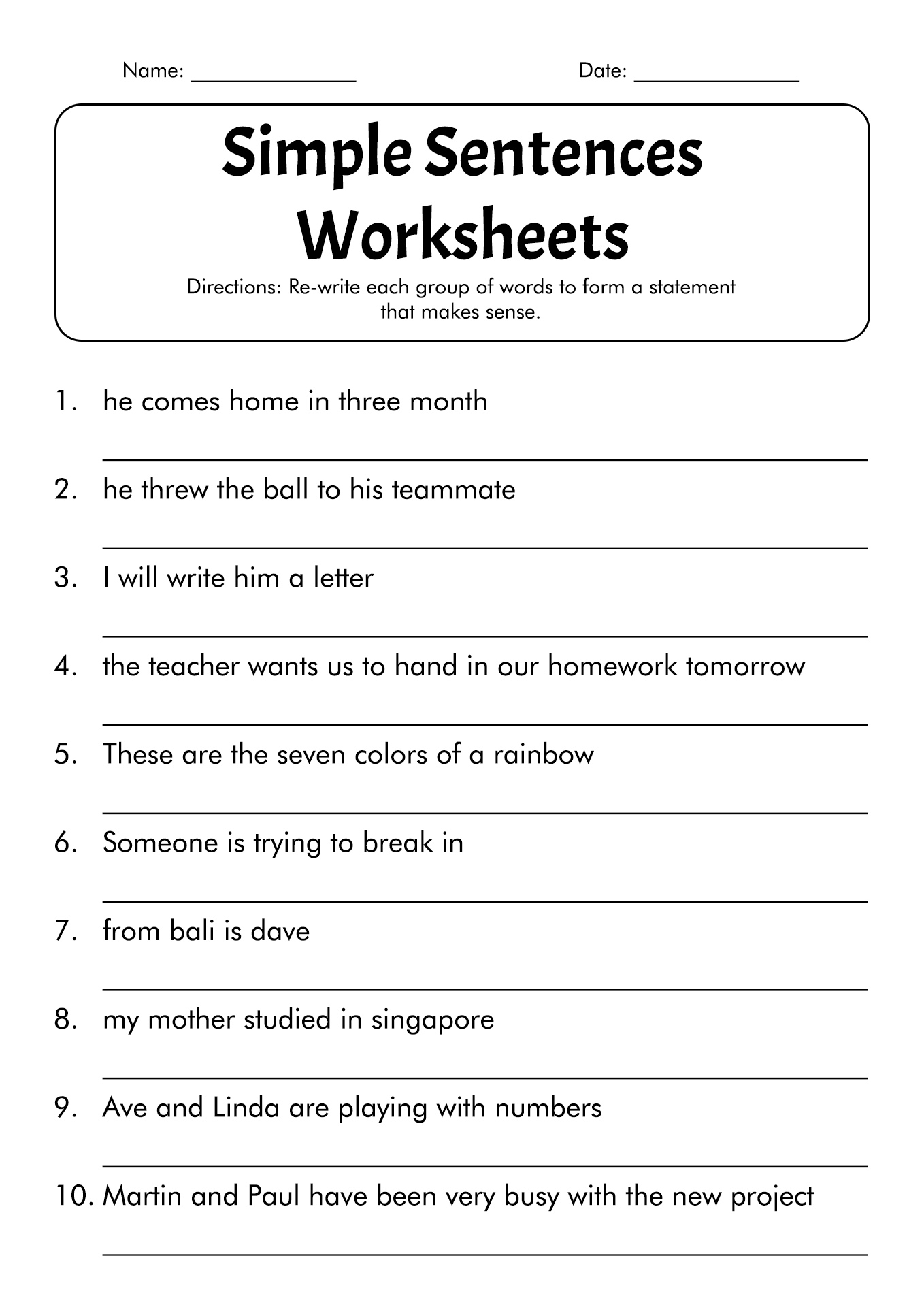 Simple Sentences Worksheets