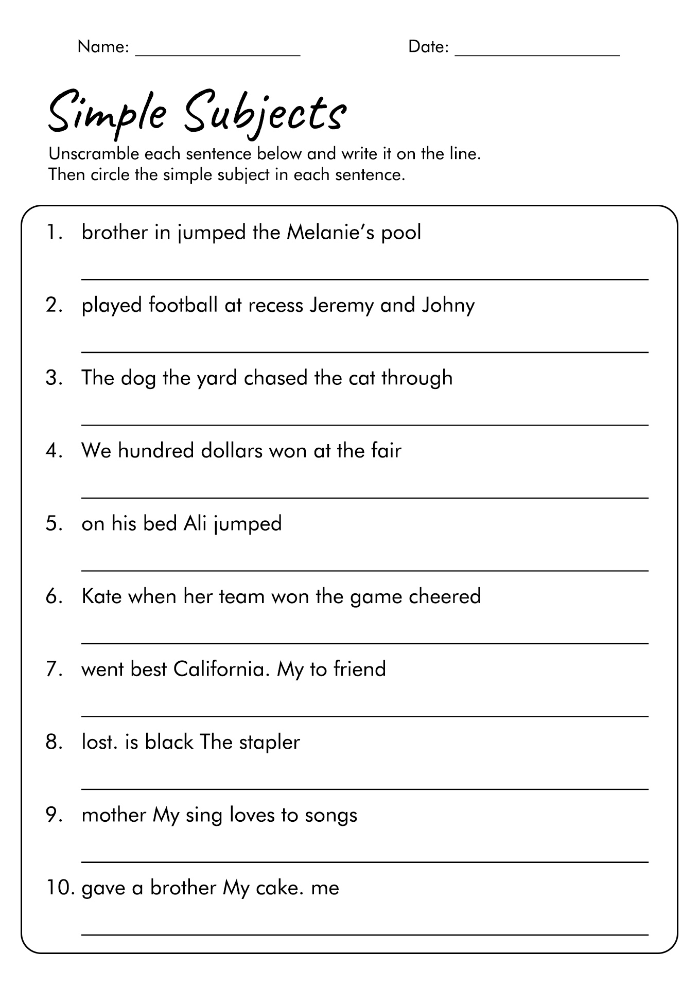 Simple Subject and Predicate Worksheets