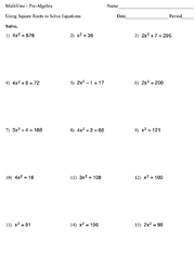 Solving Square Root Equations Worksheet Image
