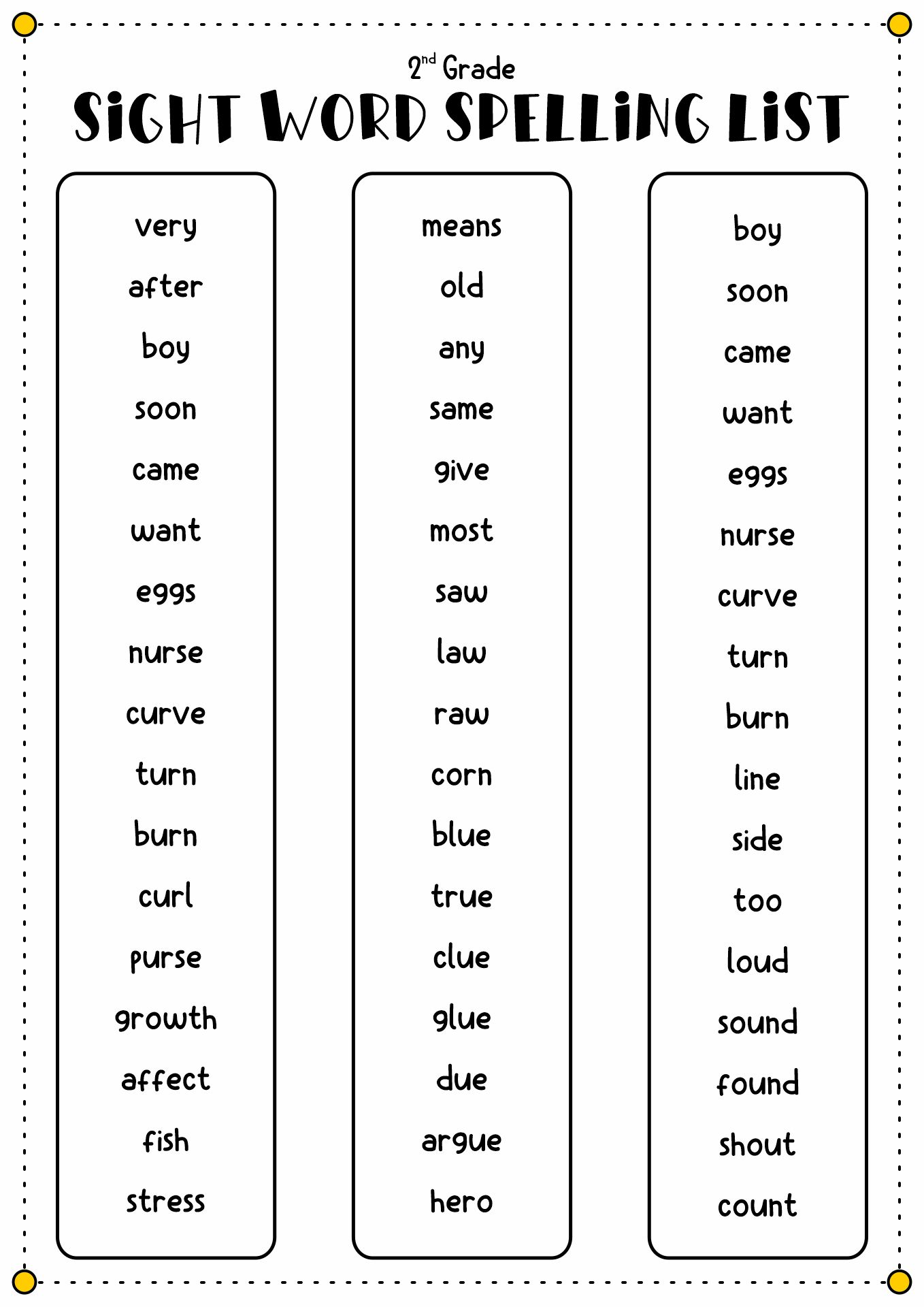 Spelling for 2nd Grade Sight Word List