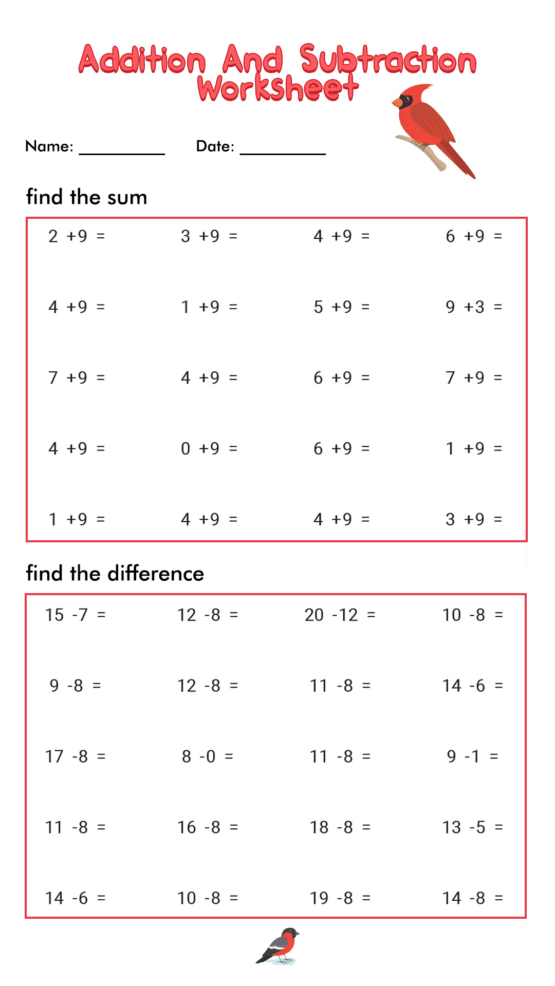 1st Grade Addition and Subtraction Worksheets Image