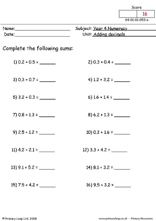 10 Decimal Review Worksheet /
