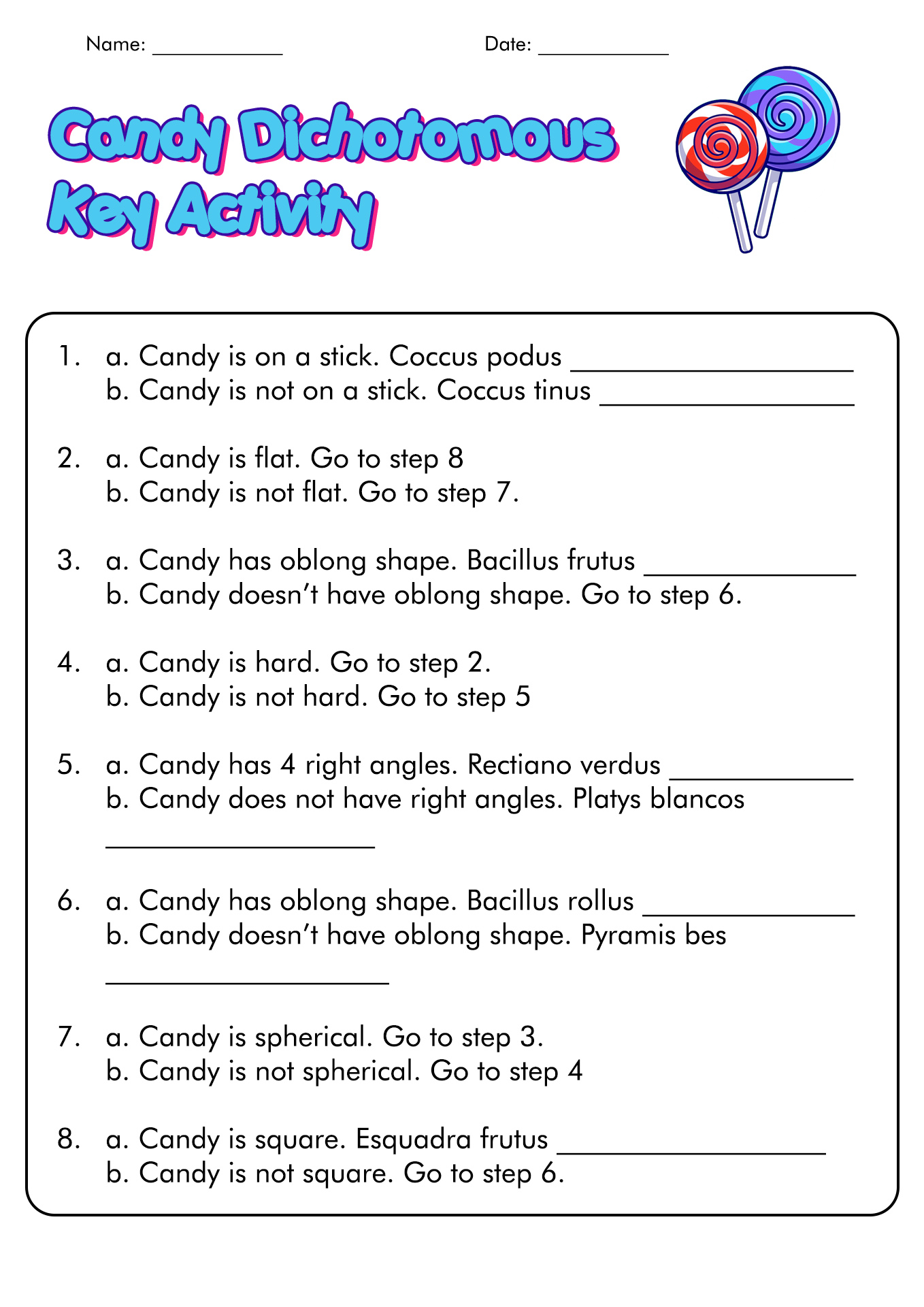 Candy Dichotomous Key Examples Image