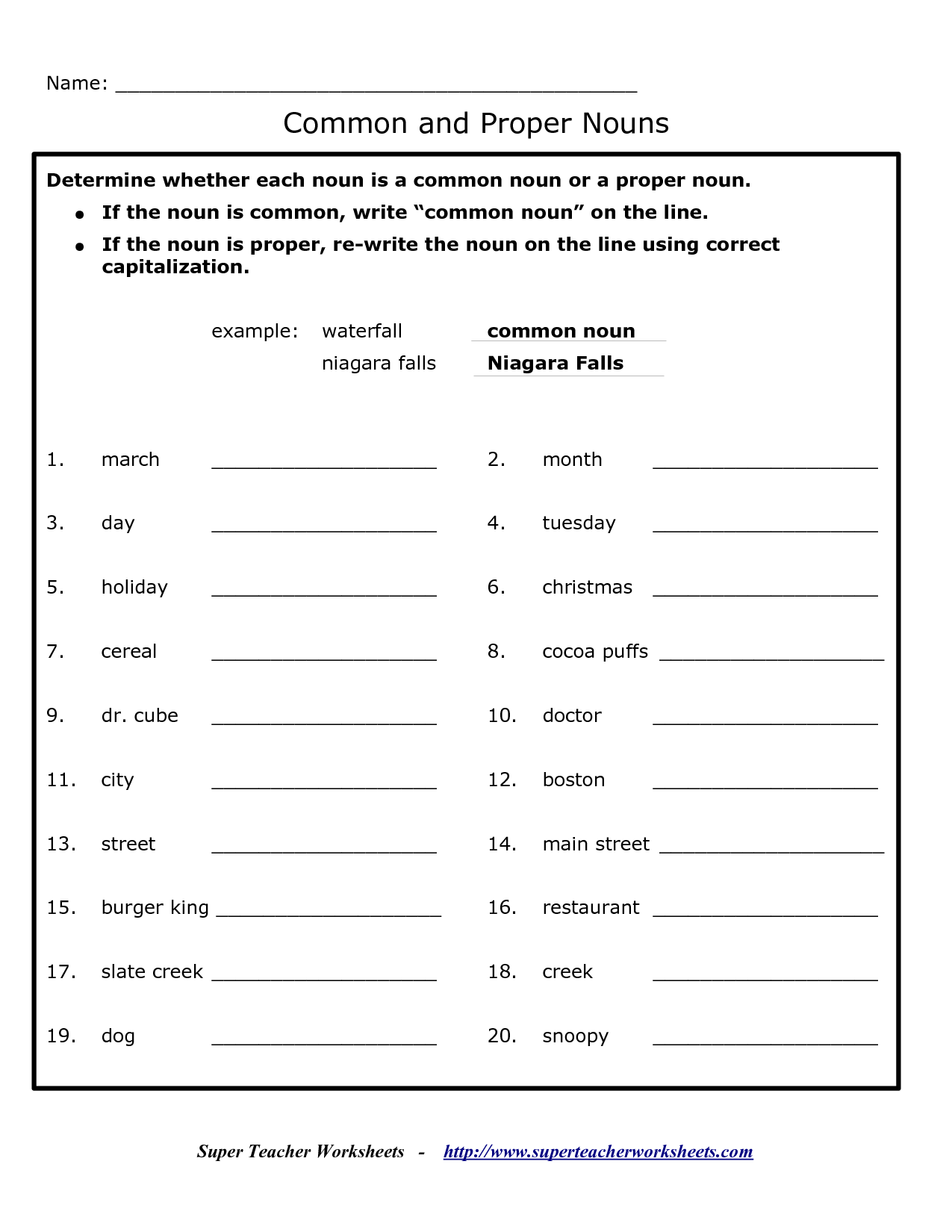 Proper Noun Worksheet For 1st Grade
