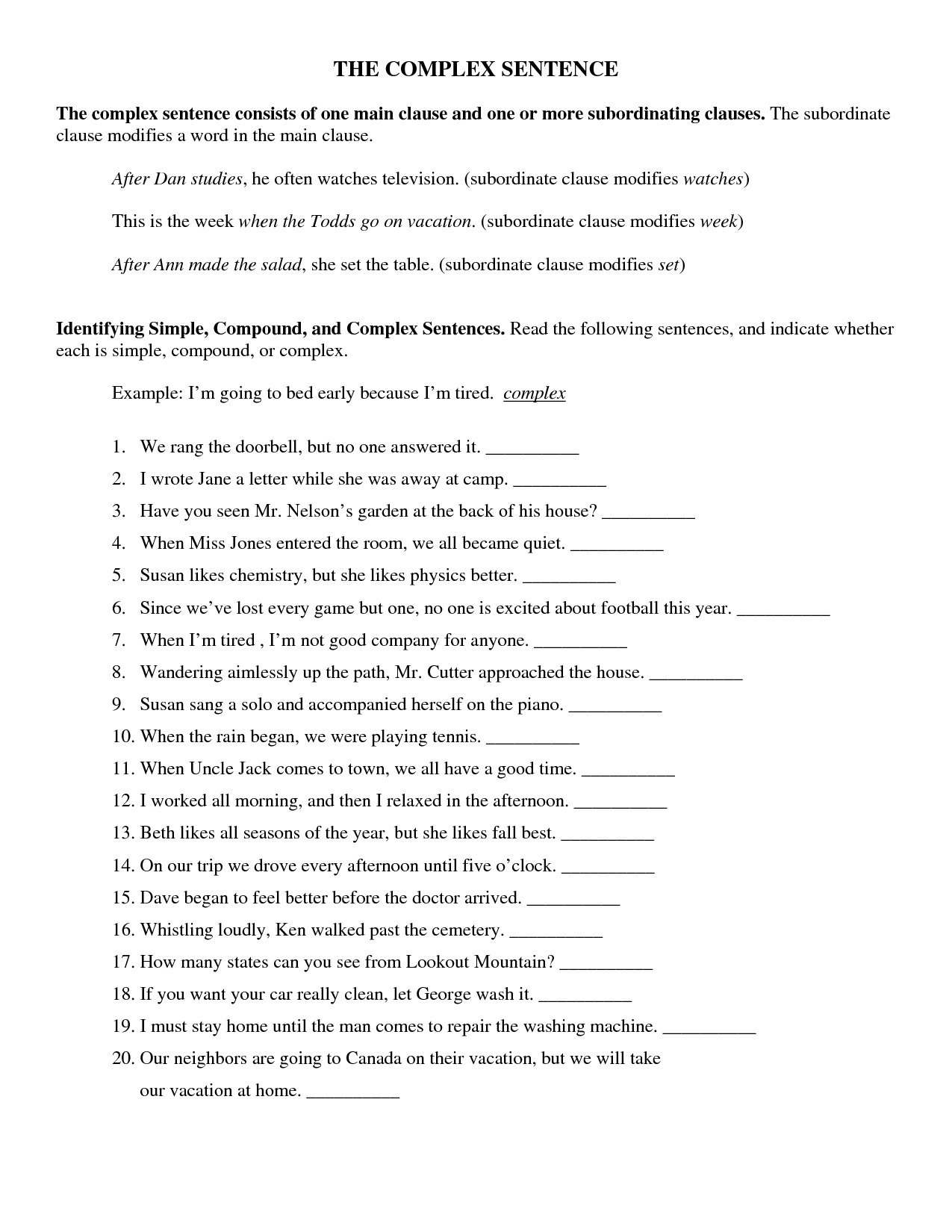 Worksheets Identifying Simple Compound And Complex Sentences