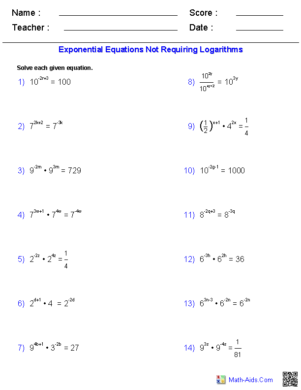 Exponential And Logarithmic Equations Worksheet With Answers