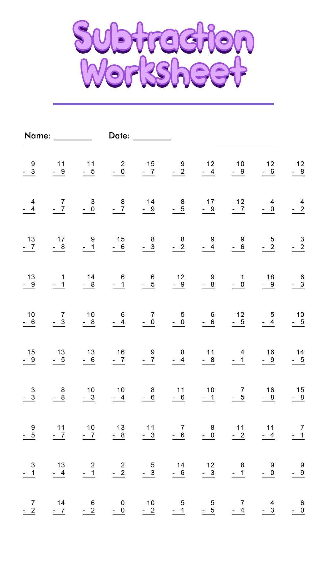 Math Single Digit Subtraction Worksheet Image
