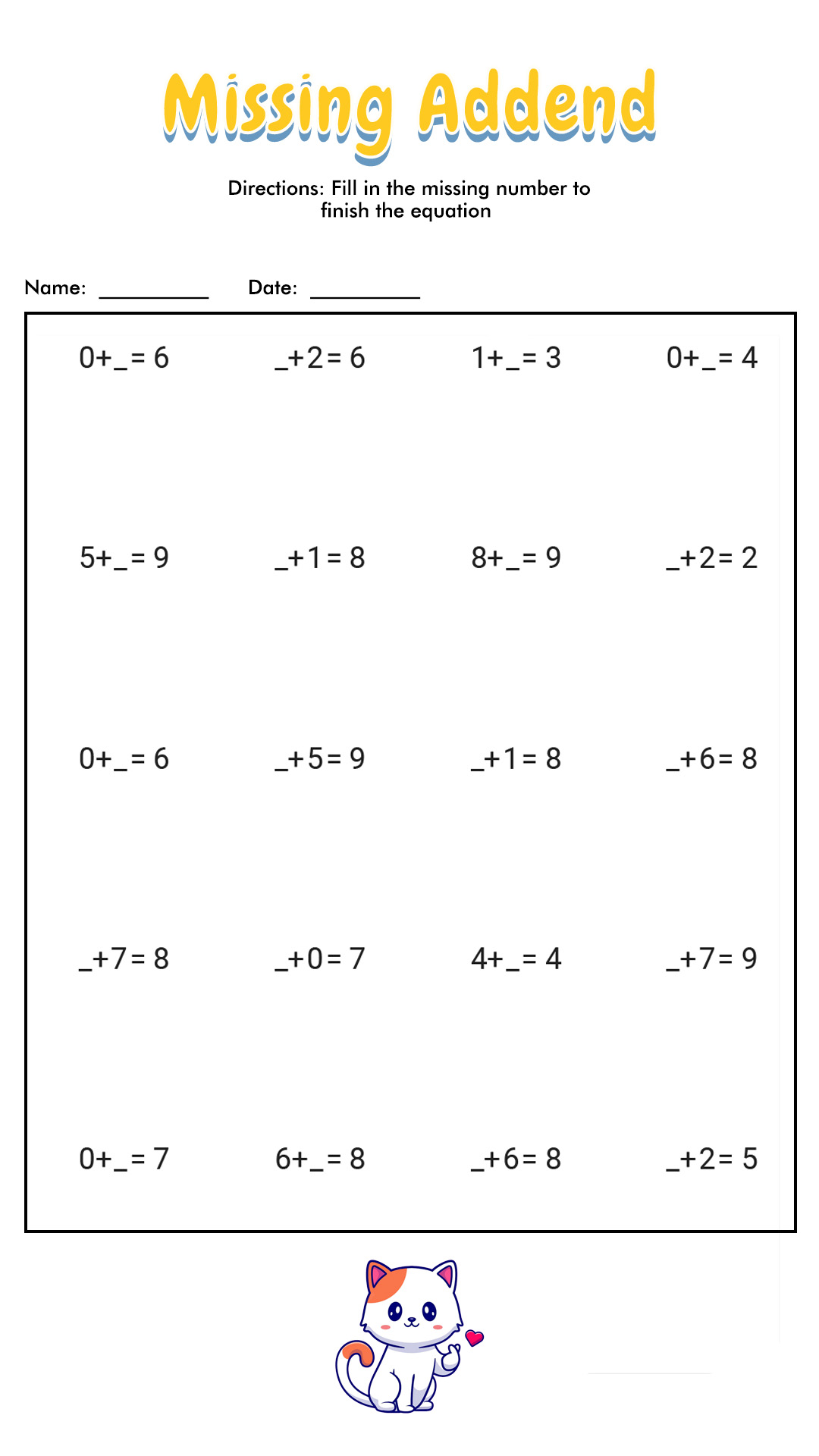 Missing Number Addition Worksheets First Grade