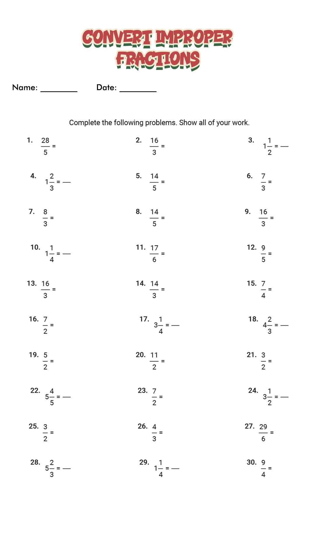 Mixed Numbers Improper Fractions Worksheets