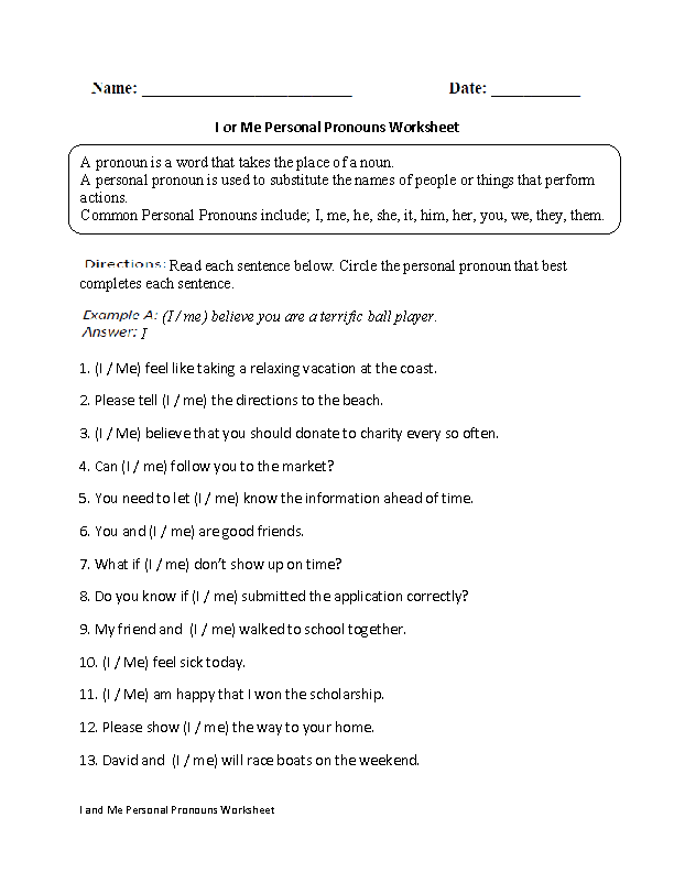 Personal Pronouns I and Me Worksheets Image