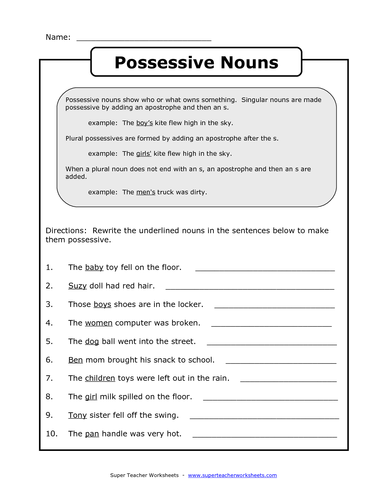 Possessive Forms Of Nouns Worksheets With Answers